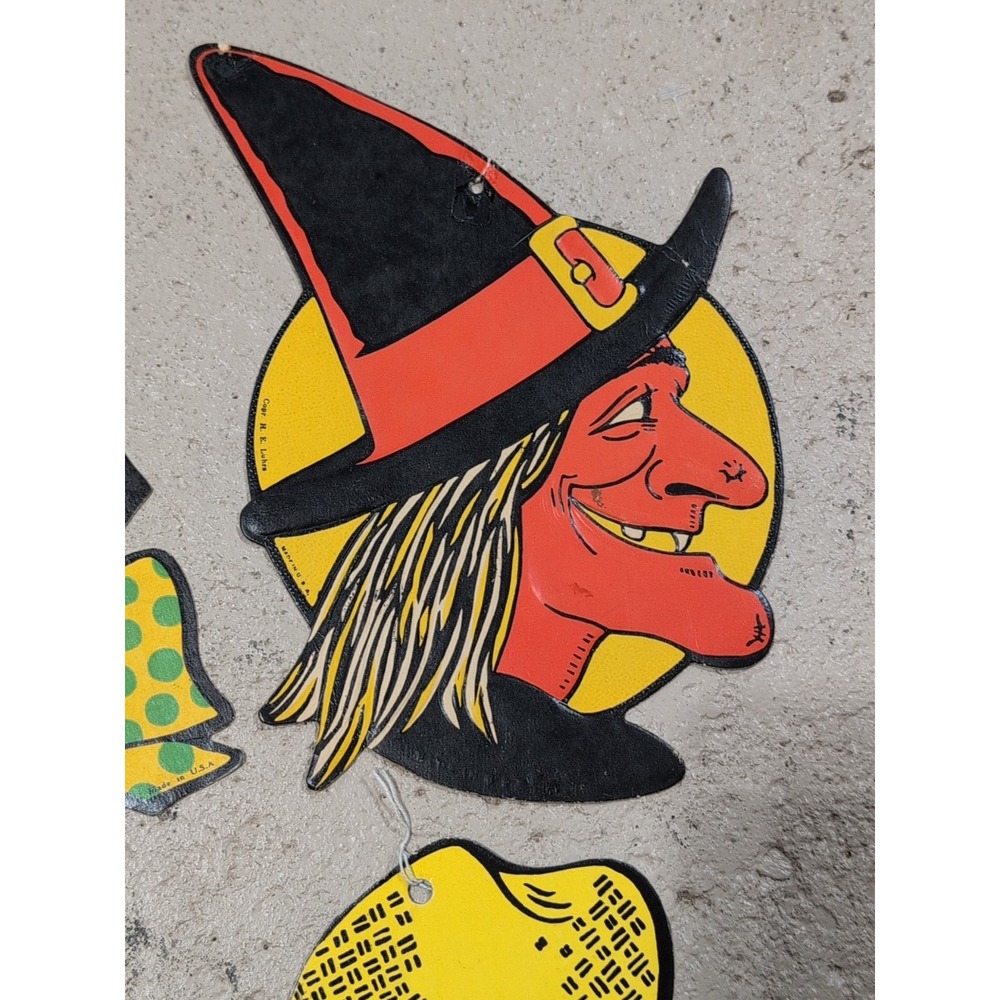 4 Vtg 1940s H E Luhrs Halloween Black Cat Witch Pumpkin Owl Diecut Made In USA - Picture 4 of 5